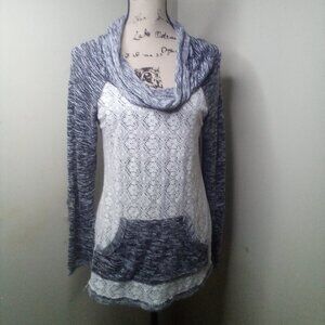 Miss Chievous Shirt Women S Long Sleeve Cowl Neck Lace Pocket Gray White